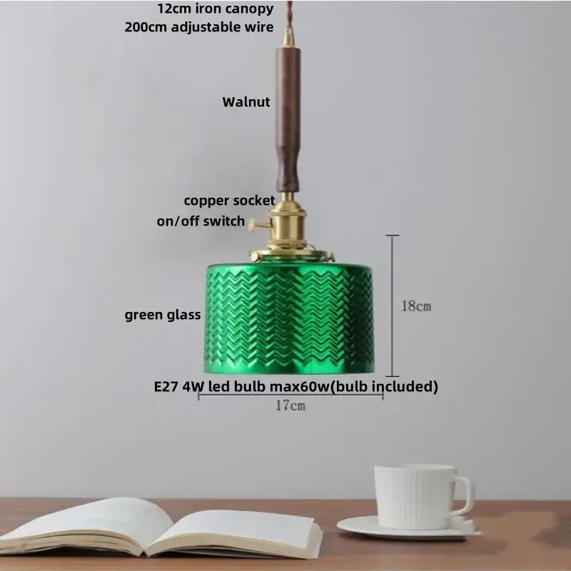 Vintage brass and ceramic walnut wood pendant light study aisle