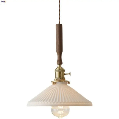 Vintage brass and ceramic walnut wood pendant light study aisle