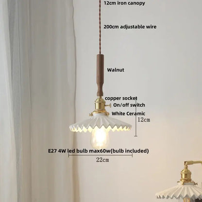 Vintage brass and ceramic walnut wood pendant light study aisle