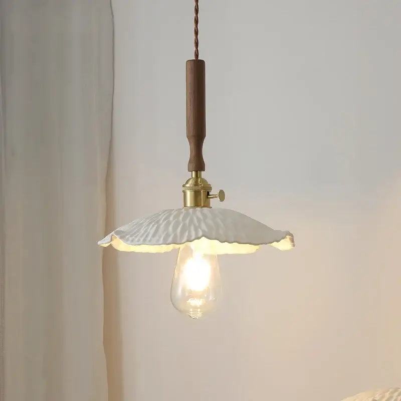 Vintage brass and ceramic walnut wood pendant light study aisle