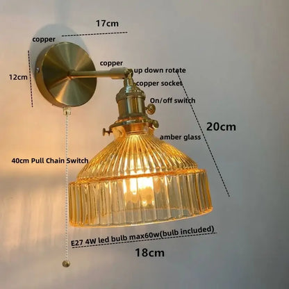 Vintage brass and clear glass wall lamp with pull chain switch bedroom