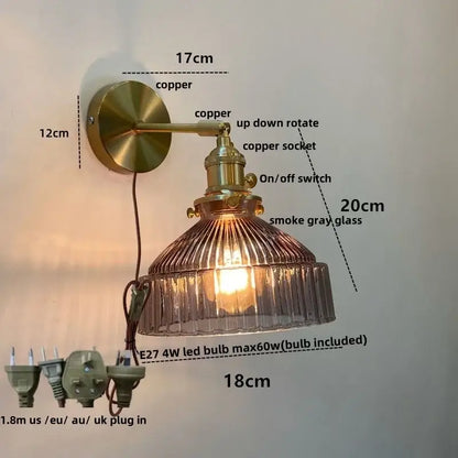 Vintage brass and clear glass wall lamp with pull chain switch bedroom