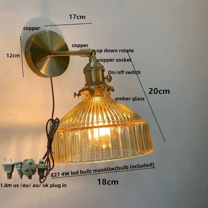 Vintage brass and clear glass wall lamp with pull chain switch bedroom