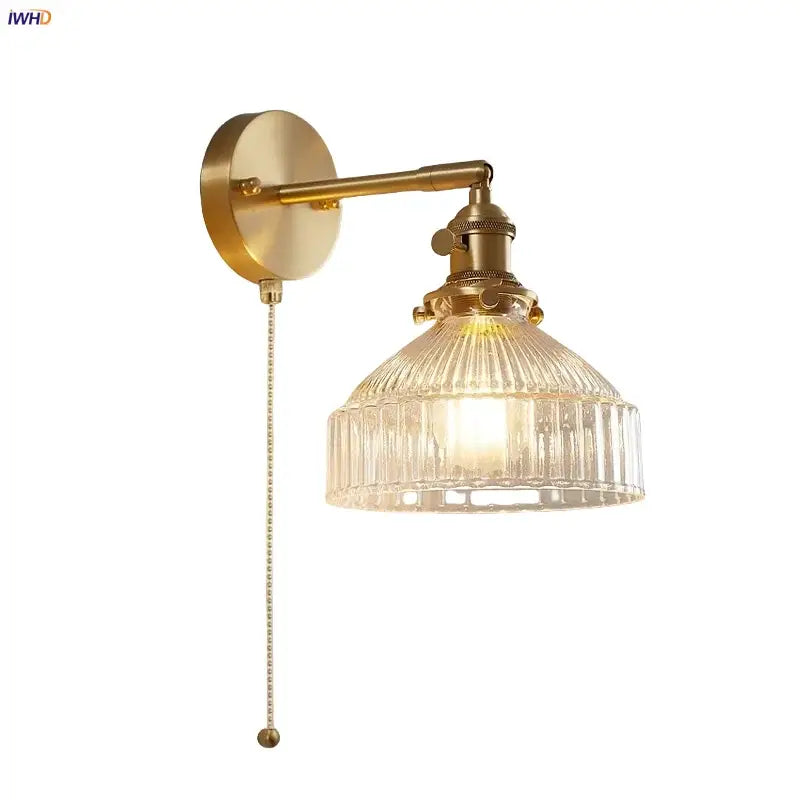 Vintage brass and clear glass wall lamp with pull chain switch bedroom