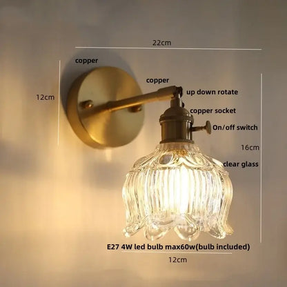 Vintage brass and clear glass wall lamp with pull chain switch bedroom