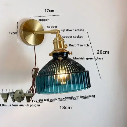 Vintage brass and clear glass wall lamp with pull chain switch bedroom