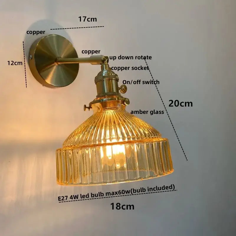 Vintage brass and clear glass wall lamp with pull chain switch bedroom