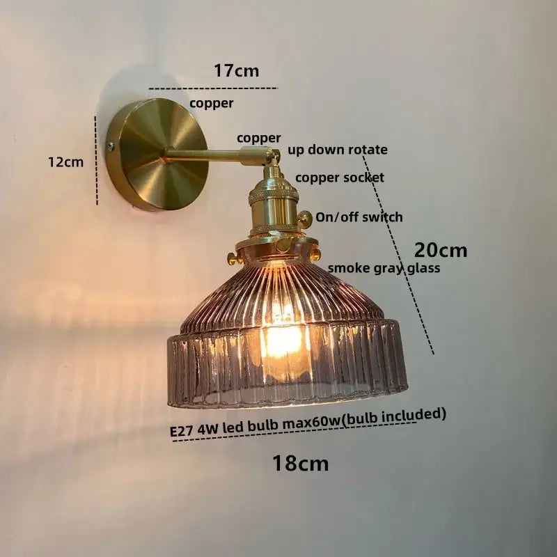 Vintage brass and clear glass wall lamp with pull chain switch bedroom