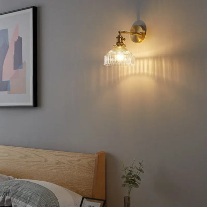 Vintage brass and clear glass wall lamp with pull chain switch bedroom