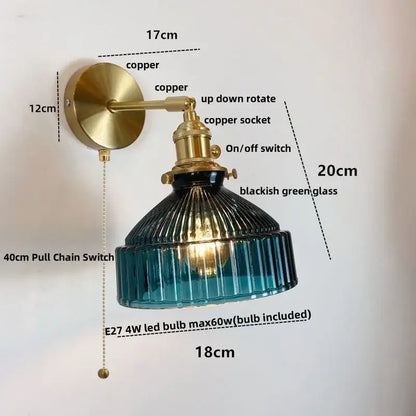 Vintage brass and clear glass wall lamp with pull chain switch bedroom