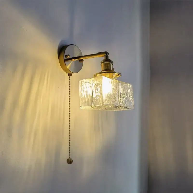 Vintage brass and glass led wall lamp bedroom pull chain light