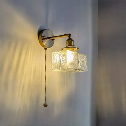 Vintage brass and glass led wall lamp bedroom pull chain light