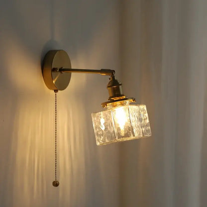 Vintage brass and glass led wall lamp bedroom pull chain light