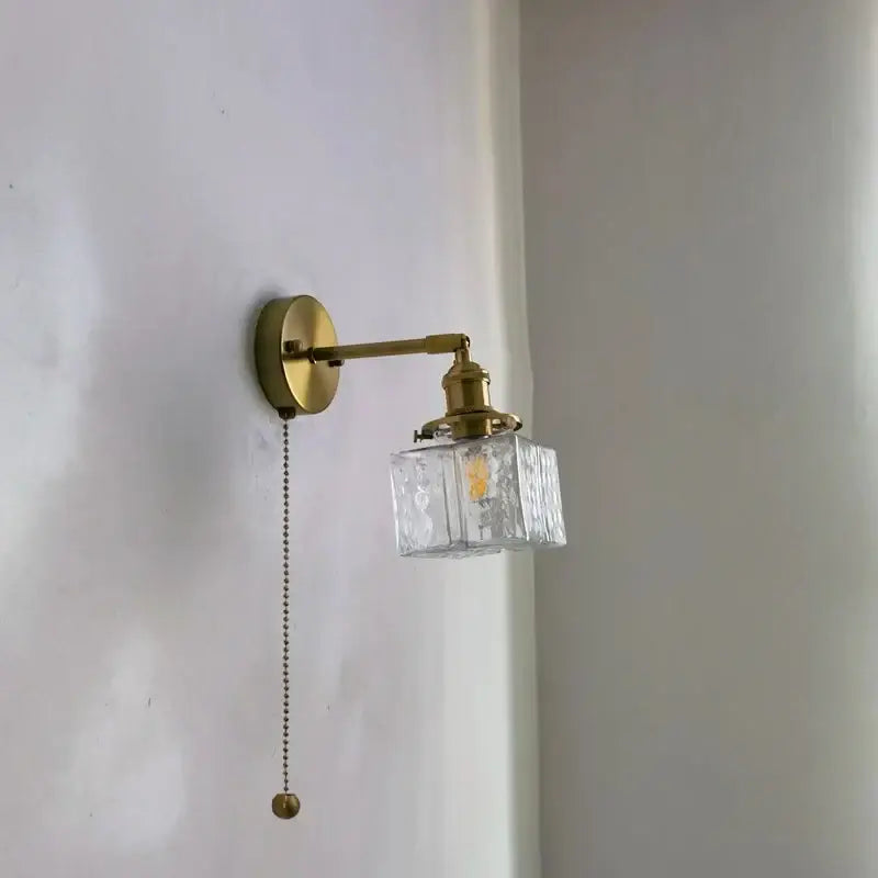 Vintage brass and glass led wall lamp bedroom pull chain light