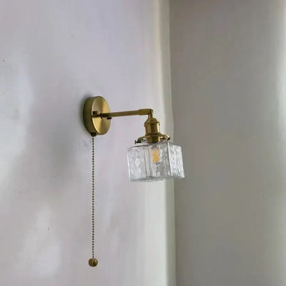 Vintage brass and glass led wall lamp bedroom pull chain light