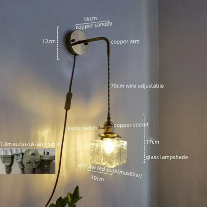 Vintage brass and glass led wall lamp bedroom pull chain light