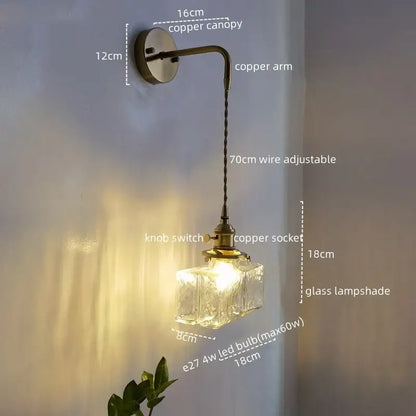 Vintage brass and glass led wall lamp bedroom pull chain light