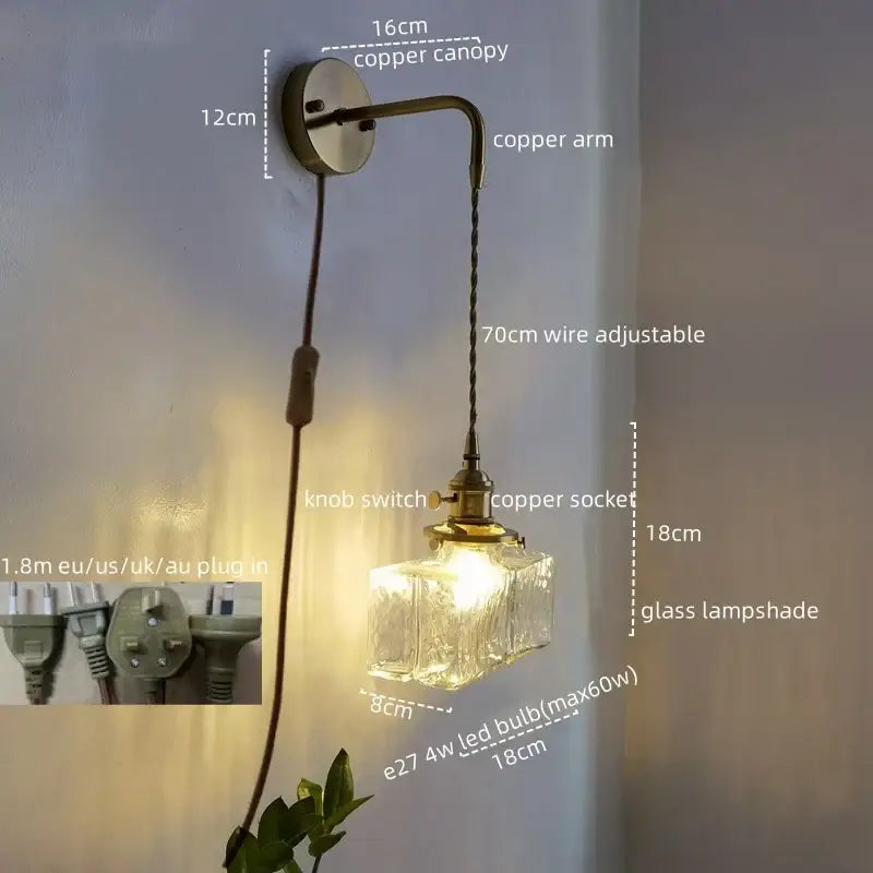 Vintage brass and glass led wall lamp bedroom pull chain light
