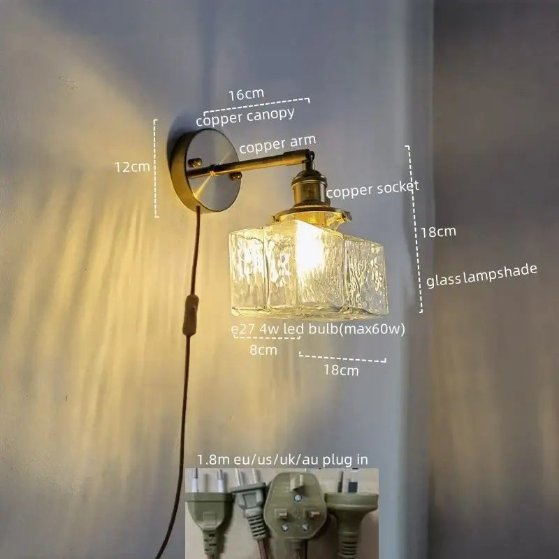 Vintage brass and glass led wall lamp bedroom pull chain light