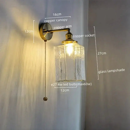 Vintage brass and glass led wall lamp bedroom pull chain light