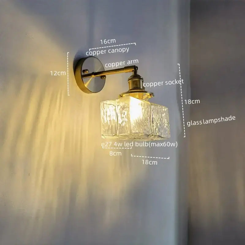 Vintage brass and glass led wall lamp bedroom pull chain light