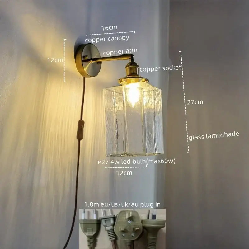 Vintage brass and glass led wall lamp bedroom pull chain light