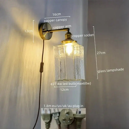Vintage brass and glass led wall lamp bedroom pull chain light