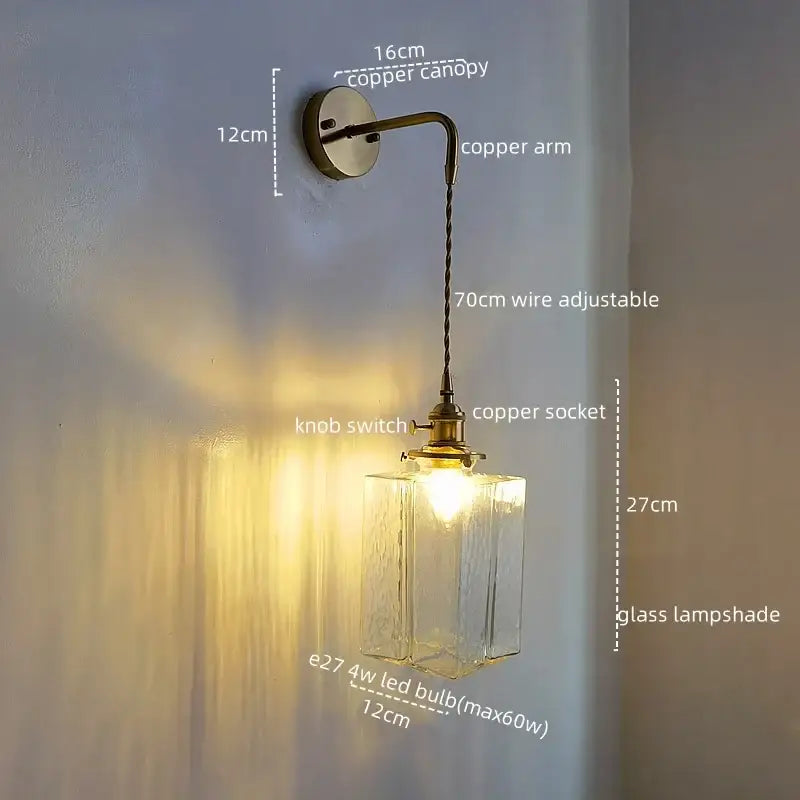 Vintage brass and glass led wall lamp bedroom pull chain light