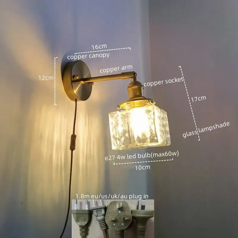 Vintage brass and glass led wall lamp bedroom pull chain light