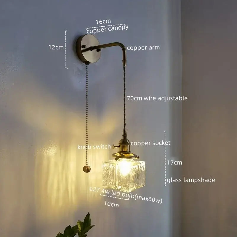 Vintage brass and glass led wall lamp bedroom pull chain light