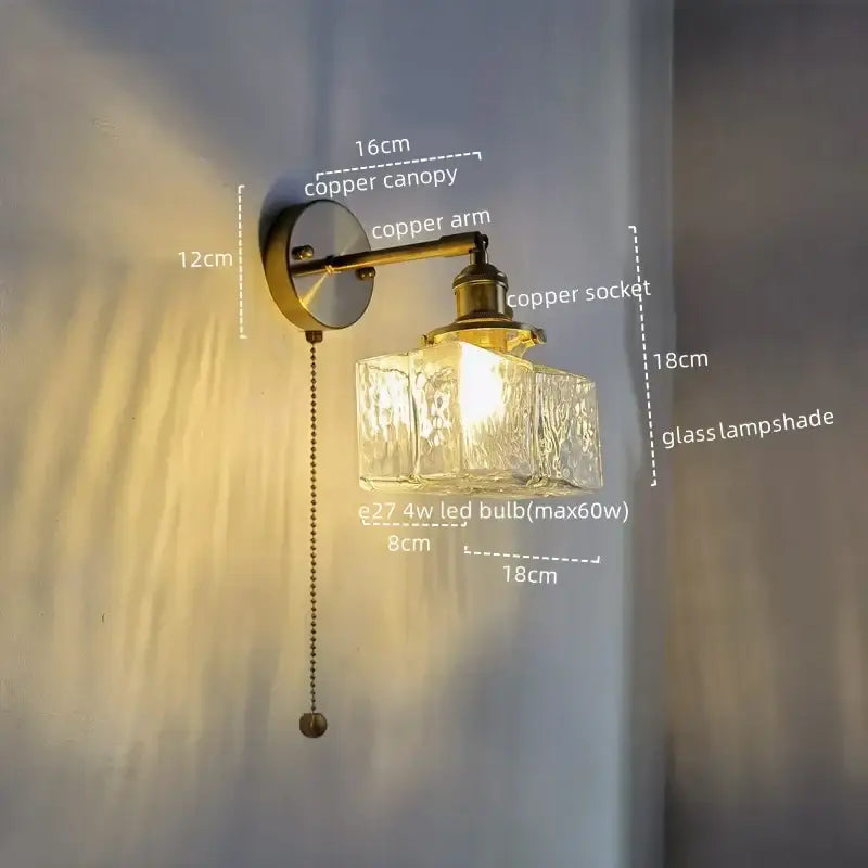Vintage brass and glass led wall lamp bedroom pull chain light