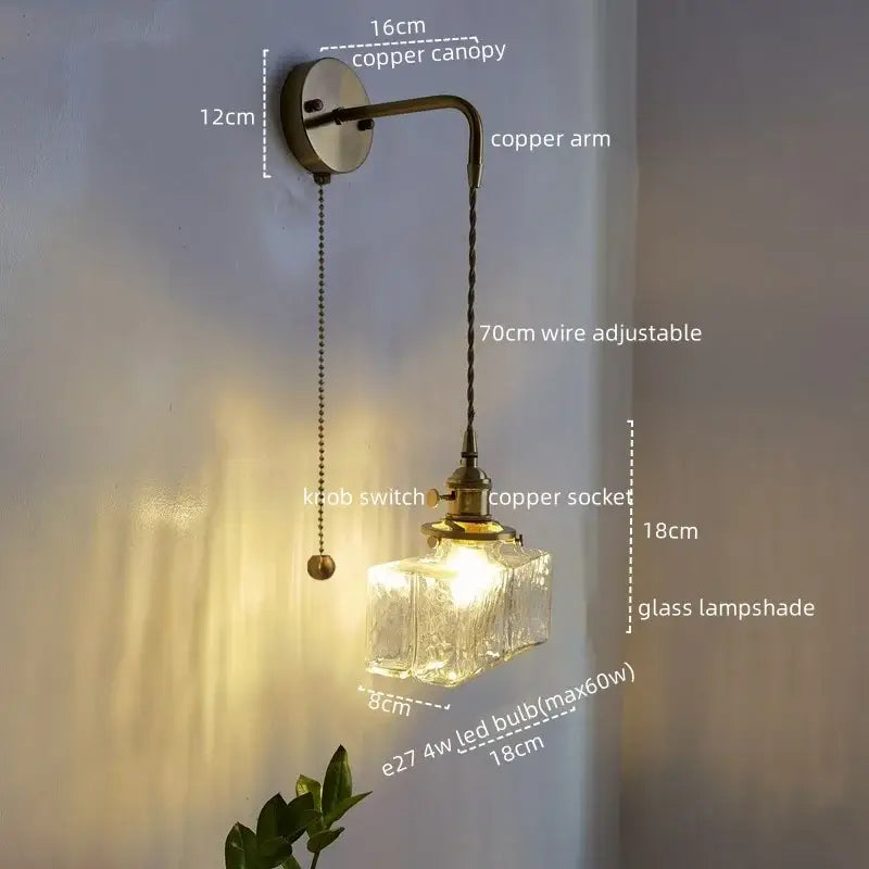 Vintage brass and glass led wall lamp bedroom pull chain light