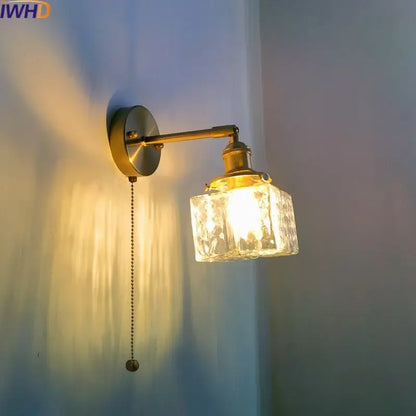 Vintage brass and glass led wall lamp bedroom pull chain light