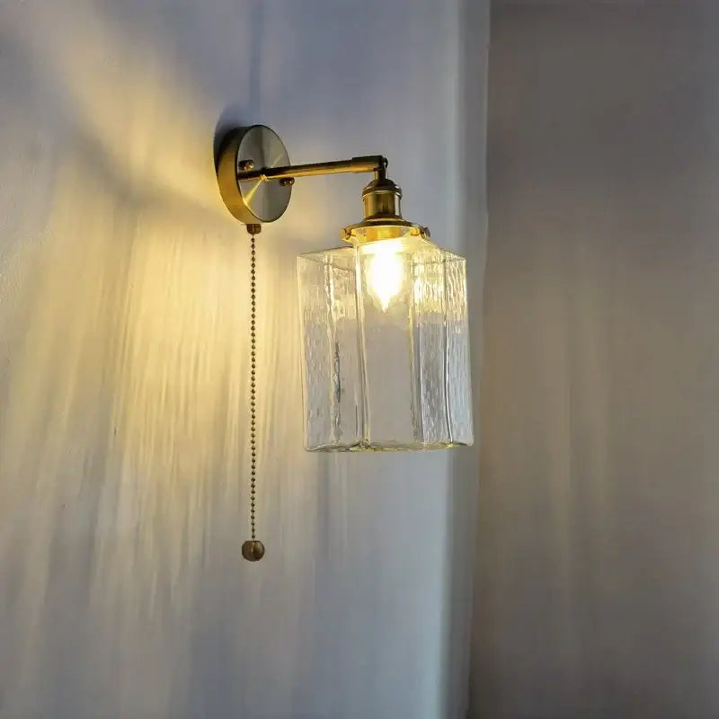 Vintage brass and glass led wall lamp bedroom pull chain light