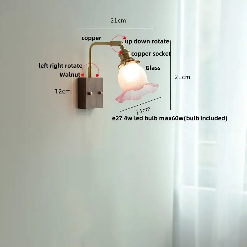 Vintage brass and glass pink led wall lamp bedroom sconce