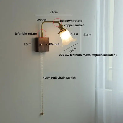 Vintage brass and glass pink led wall sconce bedroom bedside lamp