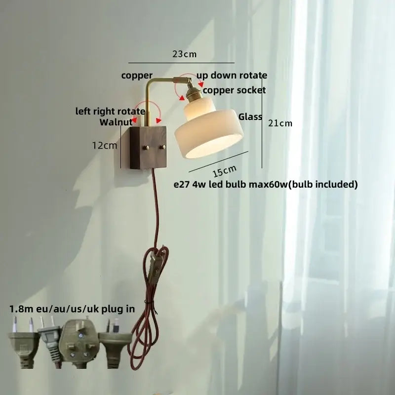 Vintage brass and glass pink led wall sconce bedroom bedside lamp
