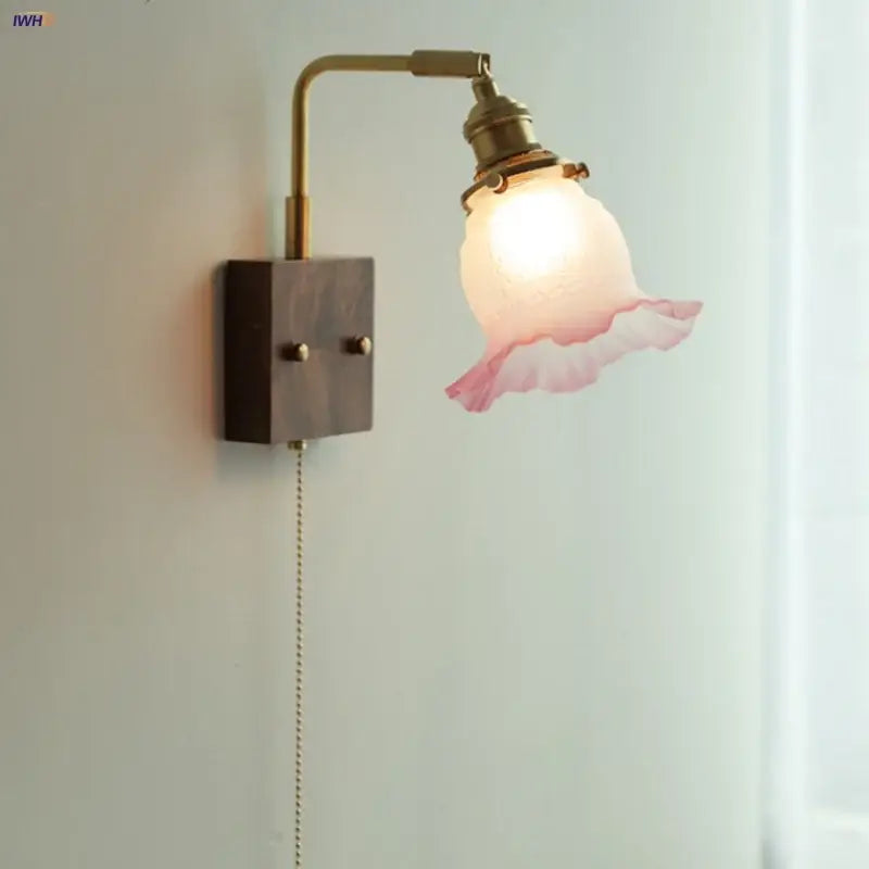 Vintage brass and glass pink led wall sconce bedroom bedside lamp
