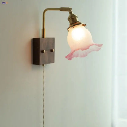 Vintage brass and glass pink led wall sconce bedroom bedside lamp