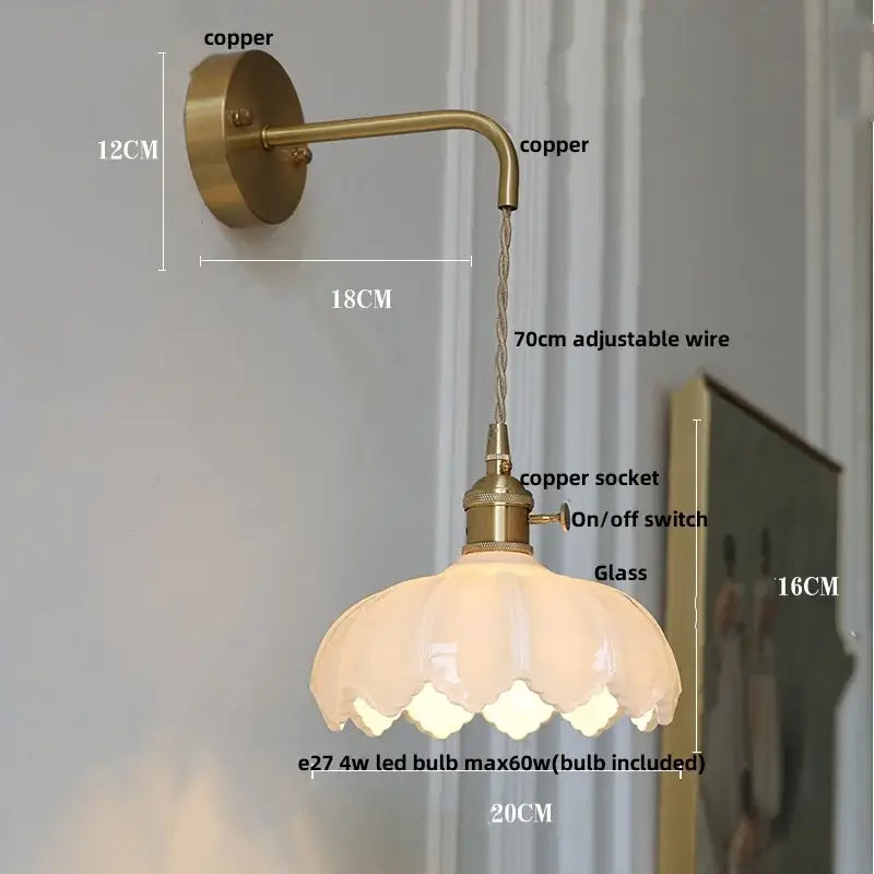 Vintage brass and green glass led wall lamp bedroom lotus light