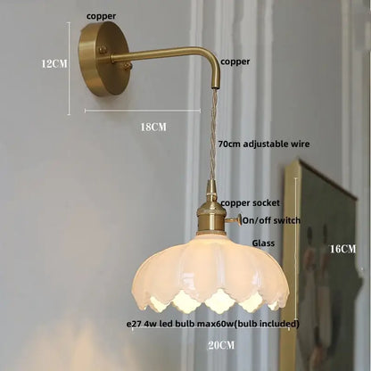 Vintage brass and green glass led wall lamp bedroom lotus light