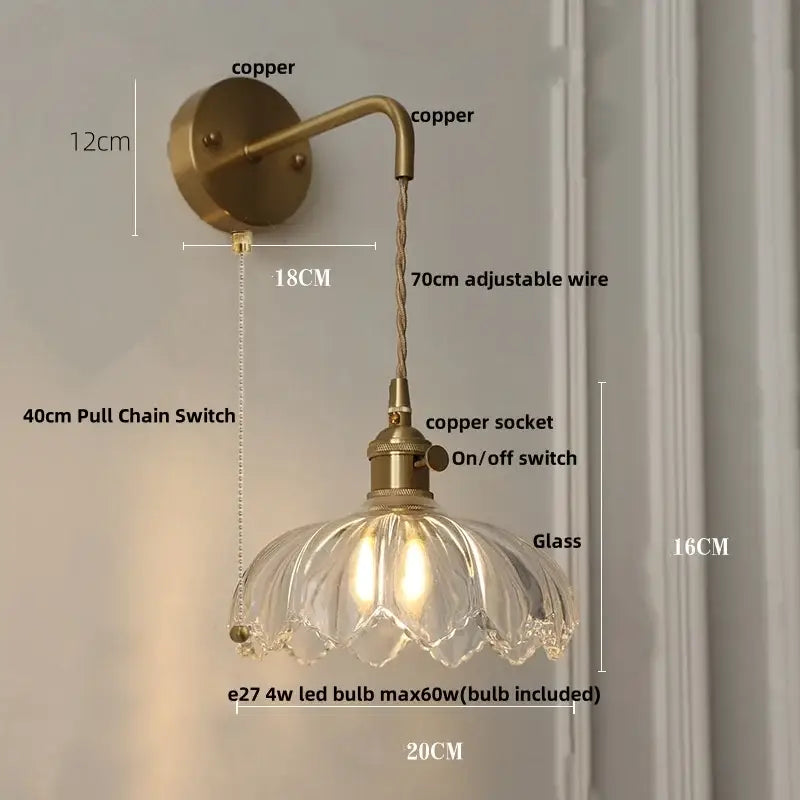 Vintage brass and green glass led wall lamp bedroom lotus light