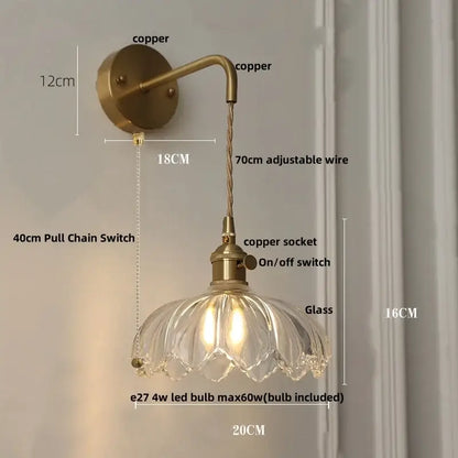 Vintage brass and green glass led wall lamp bedroom lotus light