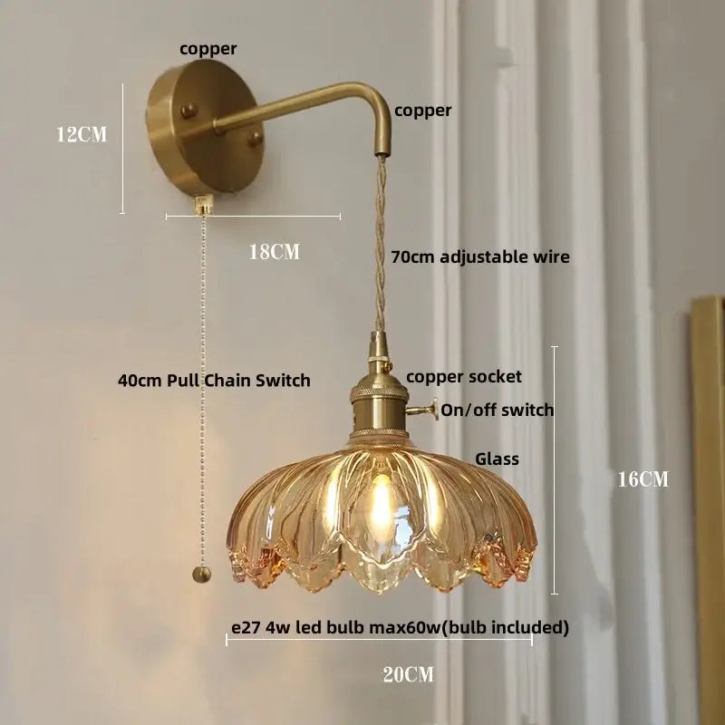 Vintage brass and green glass led wall lamp bedroom lotus light