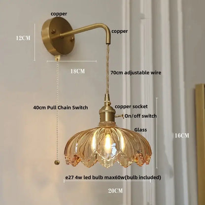 Vintage brass and green glass led wall lamp bedroom lotus light