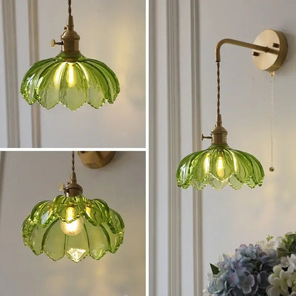 Vintage brass and green glass led wall lamp bedroom lotus light