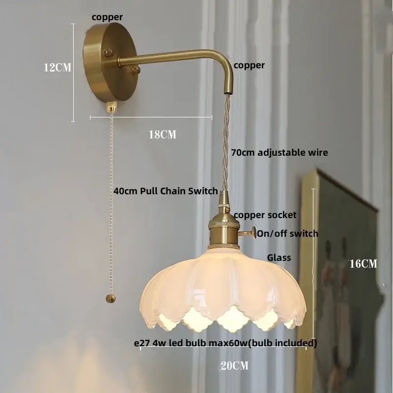 Vintage brass and green glass led wall lamp bedroom lotus light