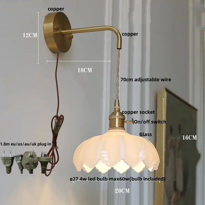 Vintage brass and green glass led wall lamp bedroom lotus light