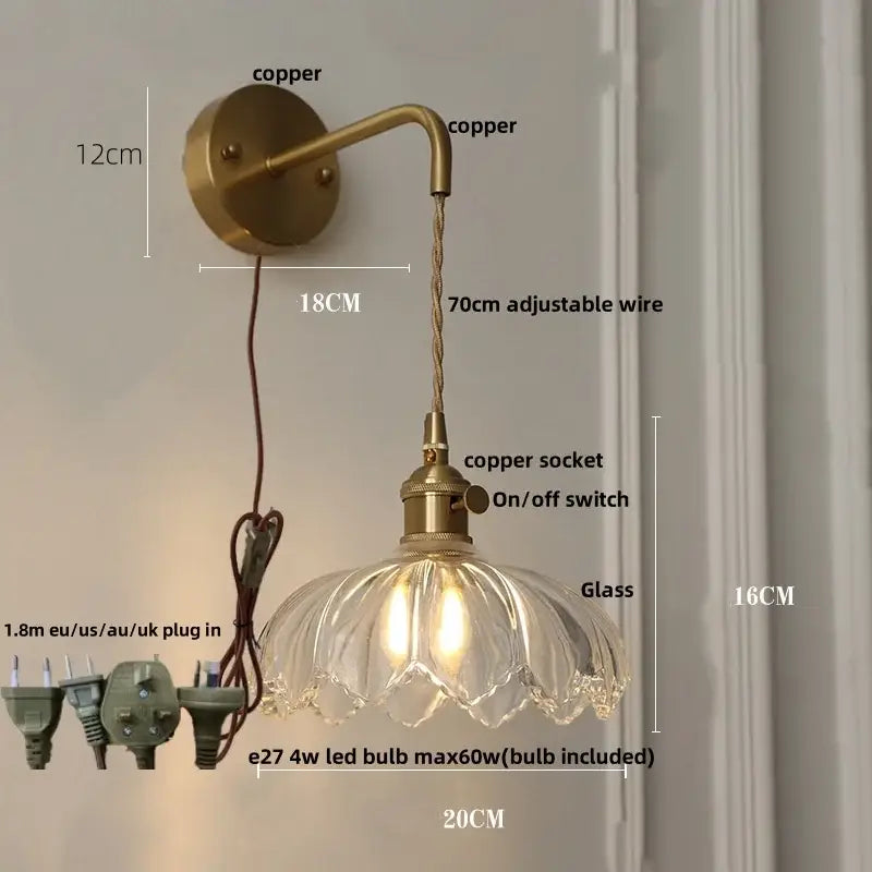 Vintage brass and green glass led wall lamp bedroom lotus light