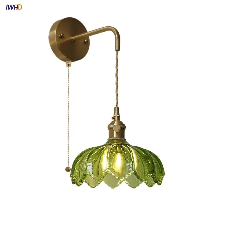 Vintage brass and green glass led wall lamp bedroom lotus light